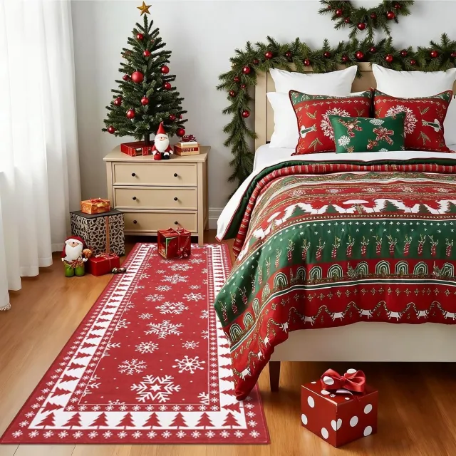 Danky Kersttapijt - Machinewasbaar Vloerkleed met kerstmotief voor Woonkamer en Hal - Rood 60 x 180 cm
