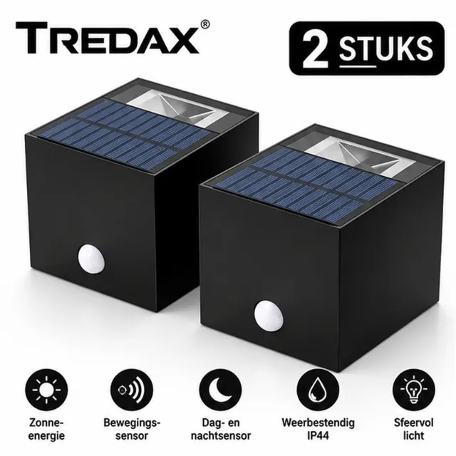 Tredax Solar Wandlamp 2 Stuks – Cube Buitenlamp met Bewegingssensor – Up & Downlight – Buitenverlichting op Zonne-Energie – IP44 zwart