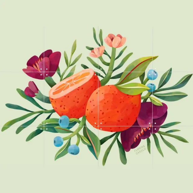 IXXI Orange Summer, Flaming Garden - 80 x 60 cm - Grote wanddecoratie en posters - Kleurrijk, Illustraties, Speels, Digitale Kunst, Woonkamer Oranje