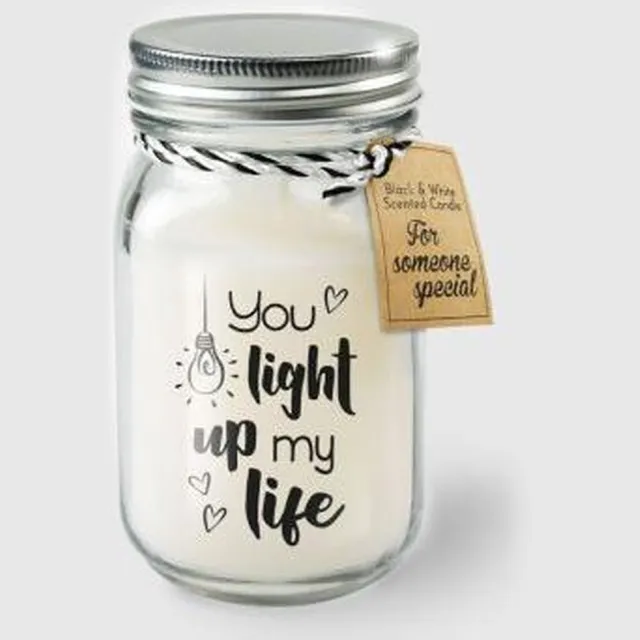 Zusenzow.com Kaars - You light up my life - Lichte vanille geur - In glazen pot - In cadeauverpakking met gekleurd lint zwart -wit