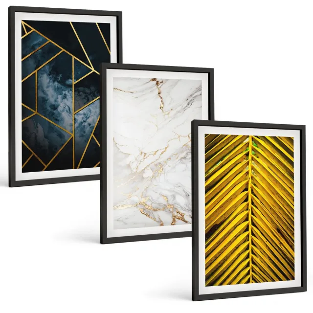 Coloray 3-Delige Schilderij Set - Moderne Geometrische Patronen En Natuurlijke Plantmotieven - 40 x 60 cm - Stijlvolle Muurdecoratie - Kantoor - Woonkamer Decoratie Zwarte lijst