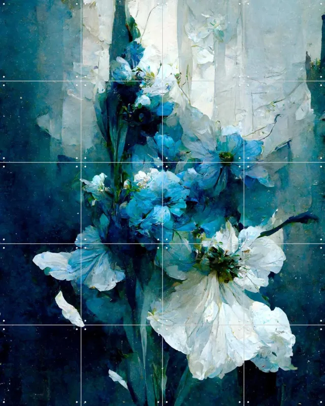 IXXI Blue Flower Bouquet, Treechild & Various - 80 x 100 cm - Grote wanddecoratie en posters - Olieverf, Impressionisme, Slaapkamer, Woonkamer Koele tinten / Blauw