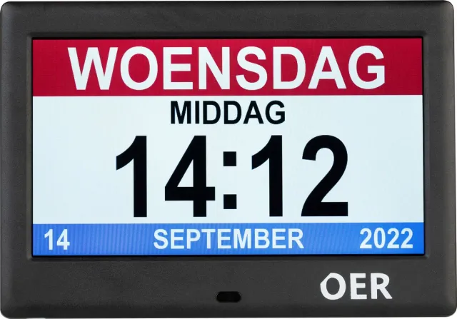 OER Dementieklok – Digitaal & Analoog – Kalenderklok met Alarmfunctie – Voor Alzheimer en Ouderen – Automatische Dimfunctie – 7 Inch Scherm – Zwart