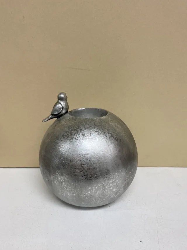 Impuls Decoratieve theelichthouder met vogel - zilver - hoogte 16 cm x 14 x 14 cm - polyresin - Woonaccessoires