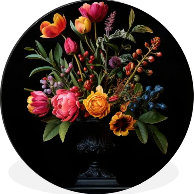 WallCircle Wandcirkel - Muurcirkel - Tulpen - Bessen - Boeket - Vaas - Aluminium - Dibond - 90x90 cm - Binnen en Buiten Boeket - Bloemen 5