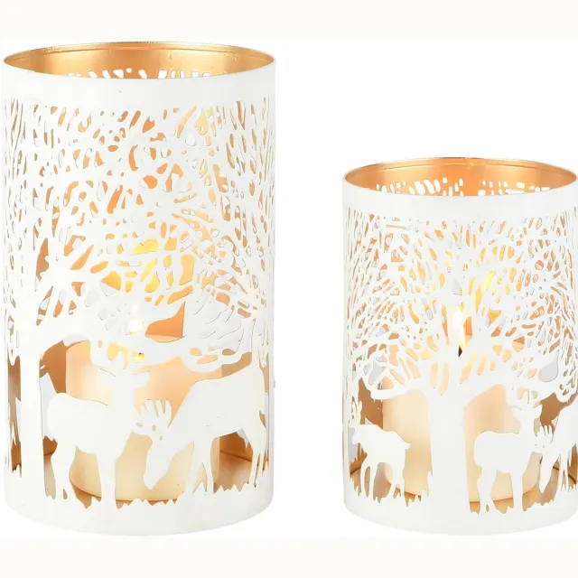 dekoratief Set 2 Waxinelichthouders 'Majestic Deer', wit/goud, metaal, 12x12x20cm | A268177