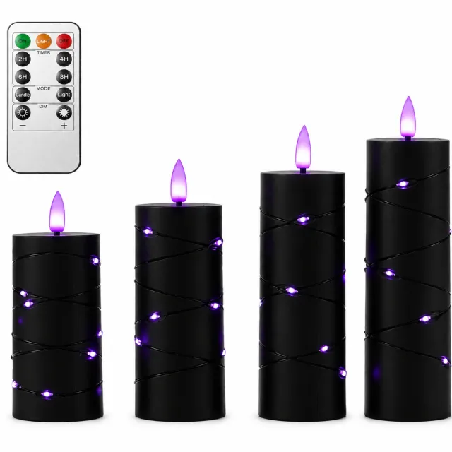 SWGOTA led kaarsen, 4 stuks, zwart met paarse vlamvormige lichtpunten en lichtsnoer rondom, met afstandsbediening en 1 knoopcel voor de afstandsbediening