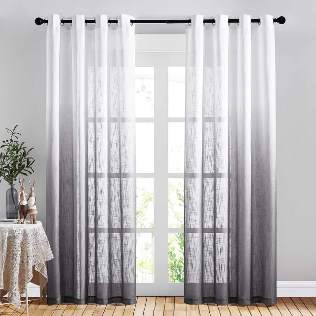 ECTEATOY Gordijnen - Vitragegordijnen linnenlook met Kleurverloop - Lichtdoorlatend - 132 x 213 cm - Grijs - 2 Stuks