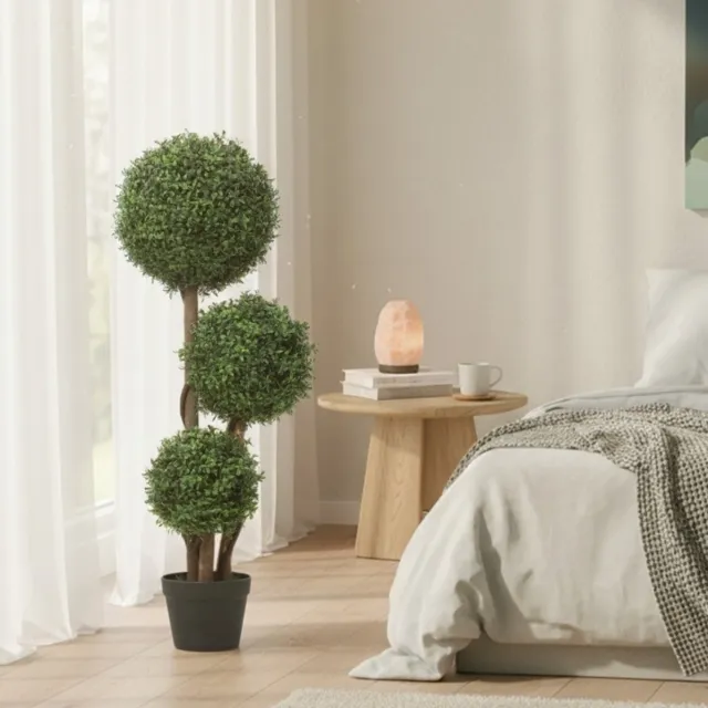 MODFU Kunstplant-Drie Buxusbollen-Houtstam-Binnen & Buiten-Kunststof-Groen-100 Cm Green
