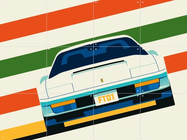 IXXI Angeled White Sports Car Front with Stripes, Bo Lundberg - 80 x 60 cm - Grote wanddecoratie en posters - Vintage, Geometrische Kunst, Pop art