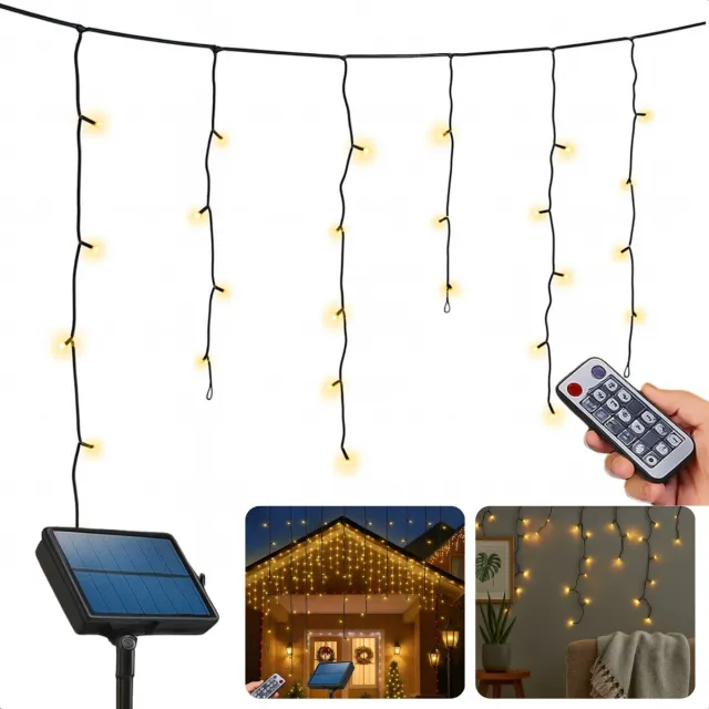 Cheqo Solar Ijspegelverlichting - Ijspegel Verlichting - Kerstverlichting Buiten - 780 cm Lichtgordijn - 240 LED - USB - Afstandsbediening - Warm Wit licht - Timer - 13 Functies met Geheugen