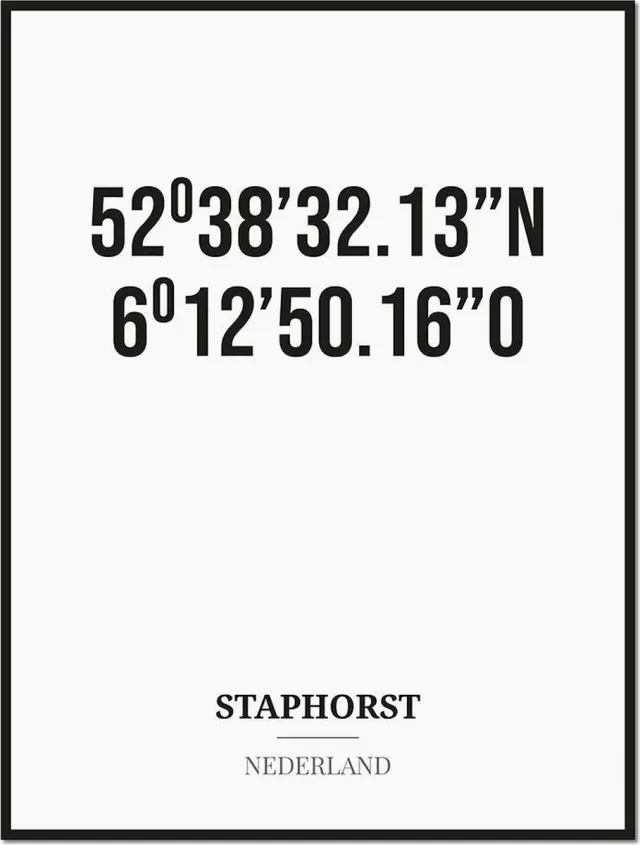 Studio216 Poster/kaart STAPHORST met coördinaten zwart, wit