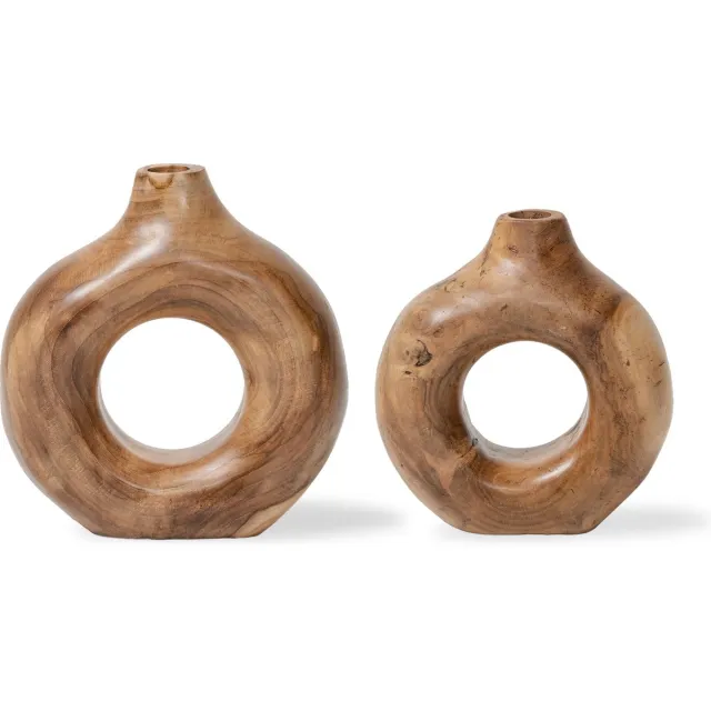 Dua Living Houten vaas rond - naturel teakhout - ronde design vazen - modern - premium kwaliteit - set van 2