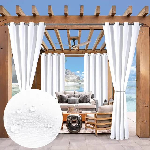 Qelus Waterdicht Verduisterend Buitengordijn met Ringen - UV & Geluidsbescherming + Kreukherstellend - 132x274cm - Gratis Gordijnband voor Terras/Tuin/Woonkamer - Wit