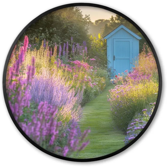 FrameYourWall Poster in lijst Rond - Fotolijst 80x80 cm - Posters - Tuinhuisje - Blauw - Bloemen - Ronde posterlijst zwart - Decoratie - Wanddecoratie woonkamer - Muurdecoratie slaapkamer Lavendel - Tuin