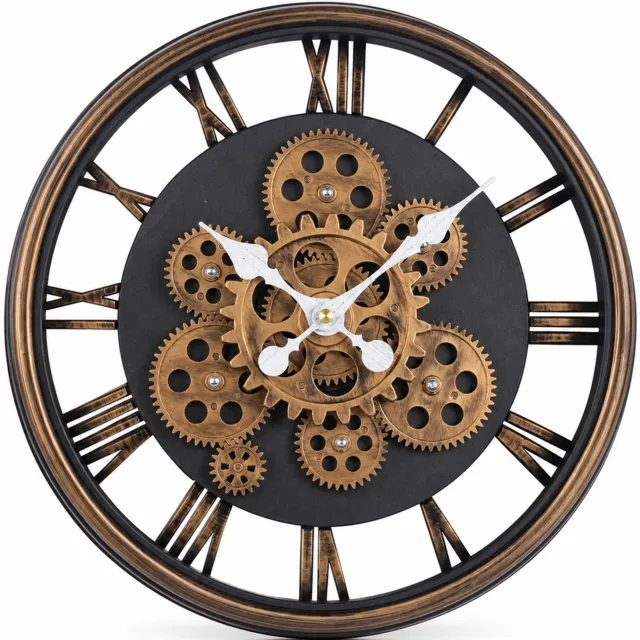 SWGOTA Retro wandklok 37 cm met opengewerkte gouden omlijsting, tandwielen en Romeinse cijfers, op batterijen