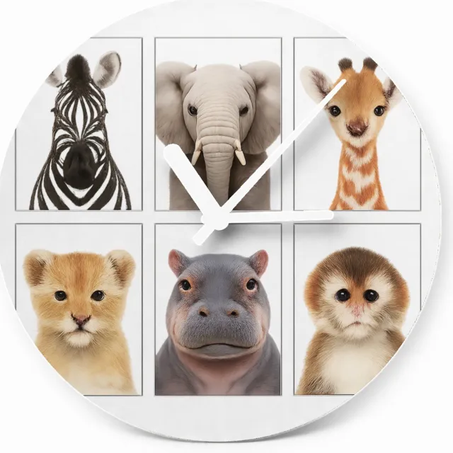 Mr Cadeautjes Glazen klok Ø 20 - design Vier rustige dierenportretten in een strak museumgrid | cadeau Wit