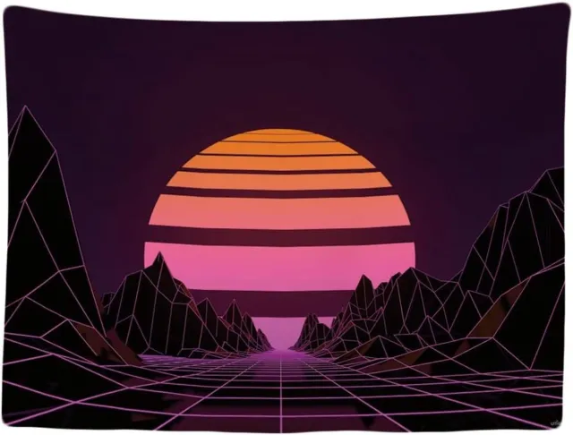 Ulticool Geometrische 80s Zon Bergen Retro Vintage - Wandkleed - 200x150 cm - Groot wandtapijt - Poster - Jaren 80 Complete Slaapkamer voor Volwassen Kamer Woonkamer Decoratie Accessoires oranje
