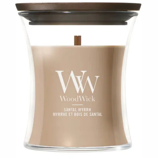 Woodwick Geurkaars Mini Candle - Santal Myrrh - 20 branduren - 85gr - 8 cm / ø 7 cm Bruin