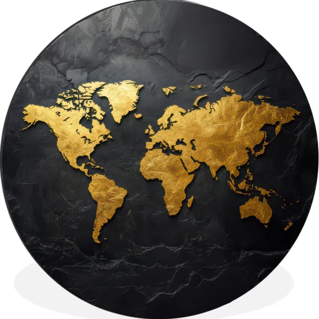 WallCircle Wandcirkel - Muurcirkel - Wereldkaart - Goud - Steen - Aluminium - Dibond - 30x30 cm - Binnen en Buiten Wereldkaart - Steen