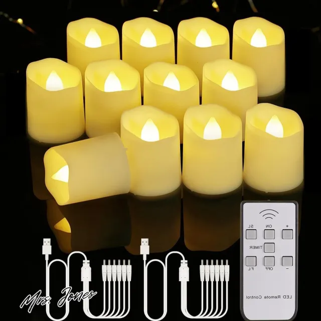 Mrs. Jones 12 stuks oplaadbare LED Theelichtjes Kaars Warm RGB-Vlamloze timer dimbaar- Met USB-kabel - Voor Kerstmis feesten bruiloften Halloween Deco (warmwit) . Multi-color