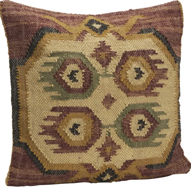 Madam Stoltz vierkante juten grafische sierkussenhoes 50x50 cm - terra/beige/groen