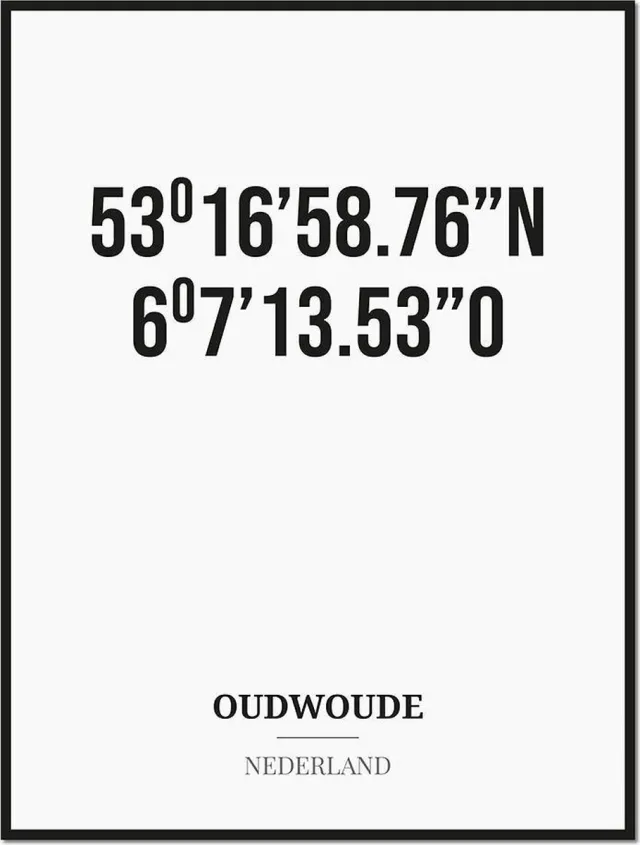 Studio216 Poster/kaart OUDWOUDE met coördinaten zwart, wit