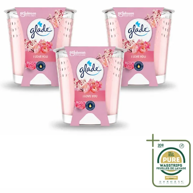 Glade 3 x Glade - Geurkaars I Love You - 100% Raapzaadwas & Vegan - 112 g - Wasstrips - Geurkaars - Vegan - Duurzaam - Bloemige Geur - I Love You roze