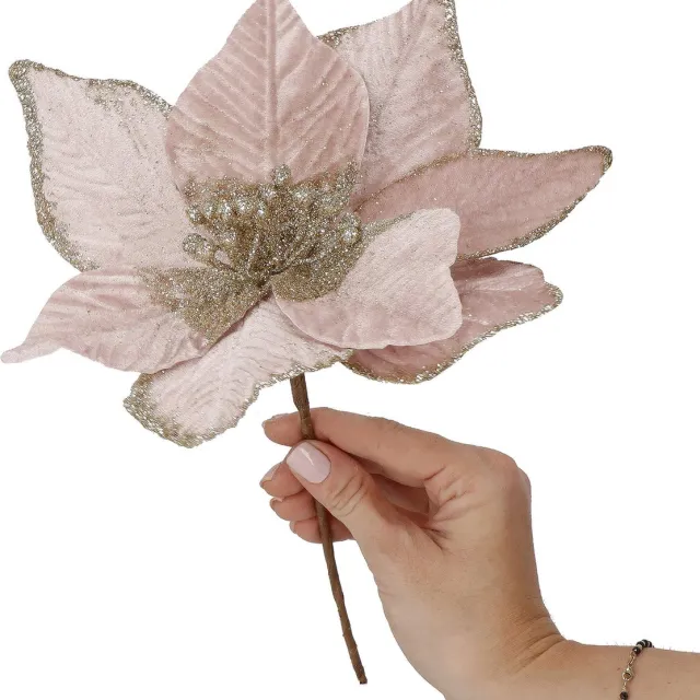 springos Kunstbloem Met Clip- Poinsettiatak - Ster van Bethlehem - Roze - Glitters
