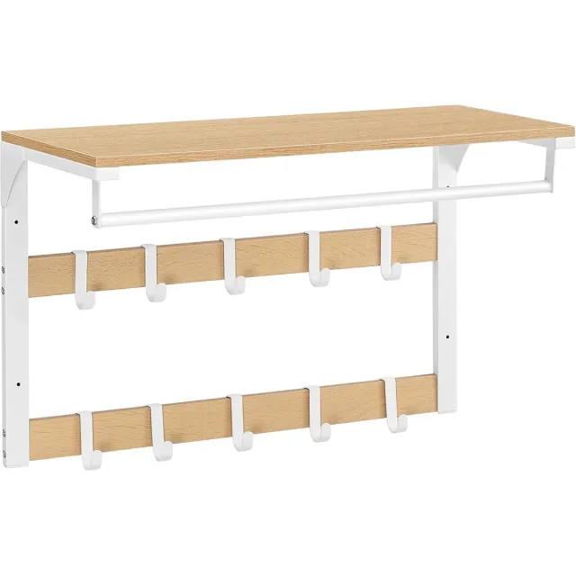MAZAZU Kapstok - Wandkapstok met hoedenplank en roede - 10 haken - Eiken wit - 65x30x42 cm