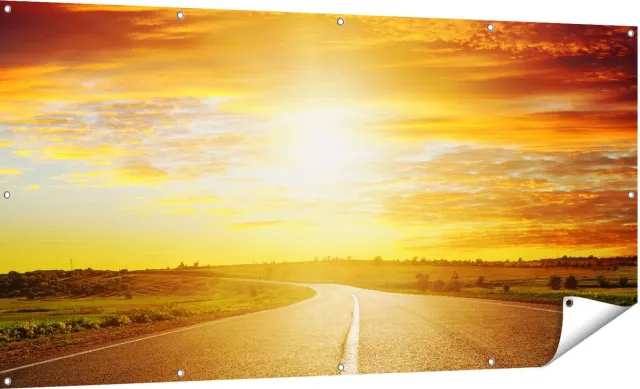 Gards Tuinposter Zonsondergang Over de Weg met een Rode Lucht - 180x90 cm - Tuindoek - Tuindecoratie - Wanddecoratie buiten - Tuinschilderij Multikleur