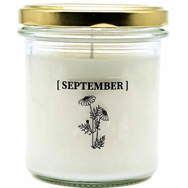 Candlelight-on geurkaars met geboortebloem en geboortedatum - 2 september - o.b.v. sojawas en etherische oliën Wit