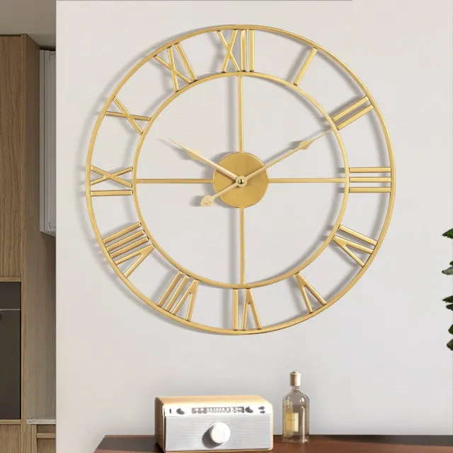 Maxstar moderne grote wandklokken met Romeinse cijfers, vintage, licht tikkende ronde metalen stille wandklok voor woonkamer, keuken, slaapkamer, tuindecoratie - goudkleurig 47 cm