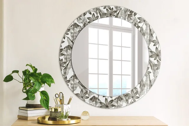 Coloray Bedrukte Spiegel - Tropische bladeren Spiegel Lijst Met Print - 60 cm - Zwart en wit Bedrukte Spiegel - Spiegel Lijst Met Print - Spiegel Met Print - Wandspiegel Met Print Zwart en wit Tropische bladeren