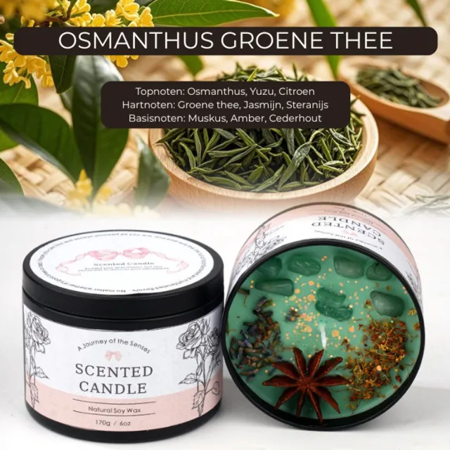 Etsells Luxe Geurkaars Osmanthus Groene Thee – Sojawas Scented Candle 170g – Frisse Citrus & Jasmijn – Aromatherapie Kaars met Amber en Cederhout
