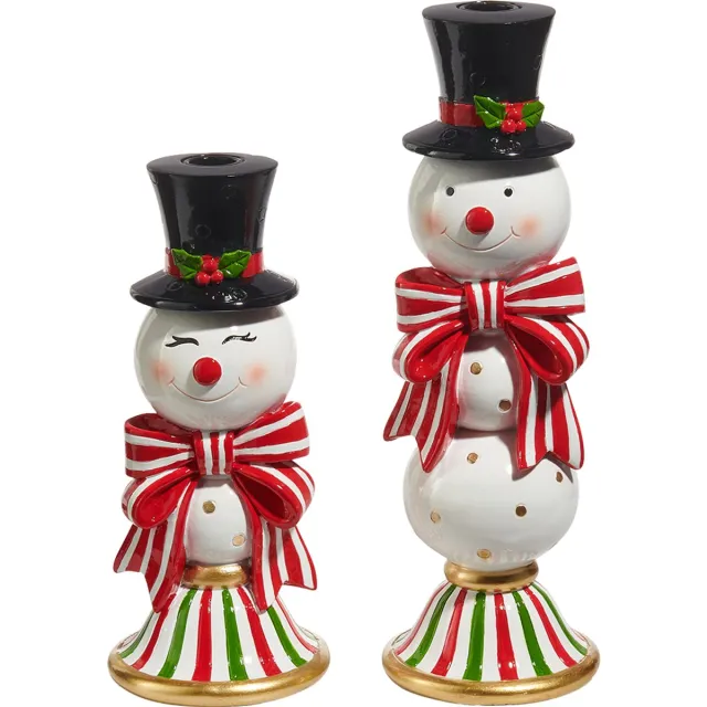Viv! Christmas Kerst Tafeldecoratie - Kandelaar Sneeuwpop - set van 2 - rood zwart wit - 33 en 25 cm