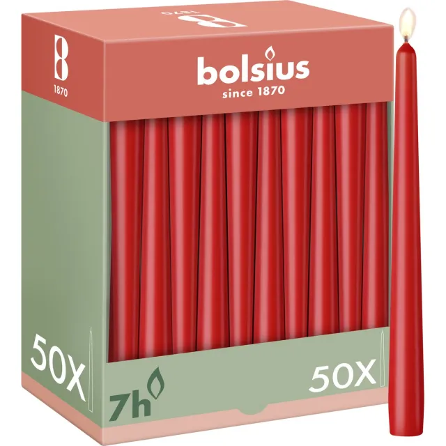 Bolsius Gladde Dinerkaarsen - 50 stuks - Rood - 24,5 cm - Voordeelverpakking