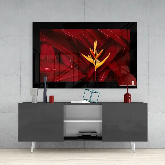 Insigne Art Glasschilderij – Gele Heliconia met Karmozijnrode Bladeren – Sfeervolle Wandkunst Meerkleurig