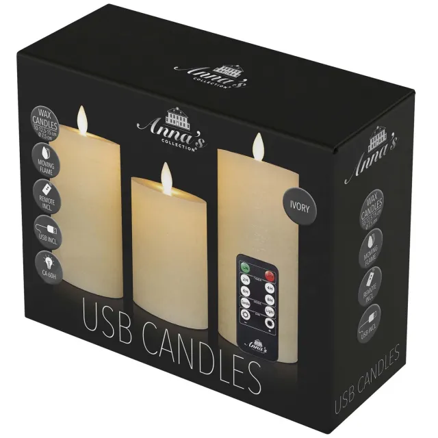Annas Collection Anna's Collection LED kaars oplaadbaar flame effect rustiek set 7.5 cm ivoor 3 stuks