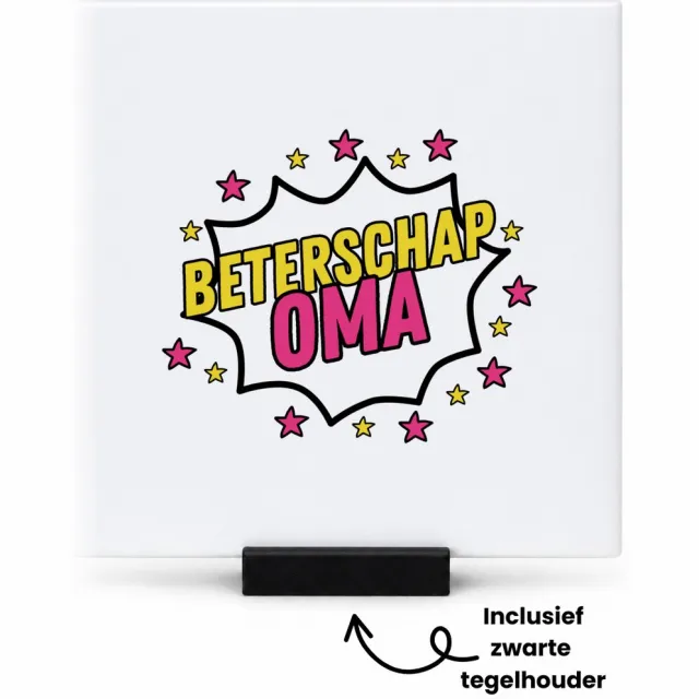 Hacebo Beterschap oma tegeltje met tegelhouder - een oma die ziek is of iets gebroken heeft - tegeltjes met tekst - cadeau voor zieke oma - ziek - koorts - snel beter worden - cadeau - beterschap cadeau - kado - spreuktegels - 10.8x10.8 CM Wit