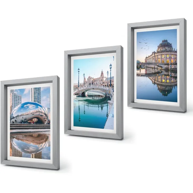 Coloray 4-Delige Schilderij Set - Stadsarchitectuur met weerspiegeling in het water - 20 x 30 cm - Wanddecoratie - Schilderijen Set - Interieur Zilveren lijst