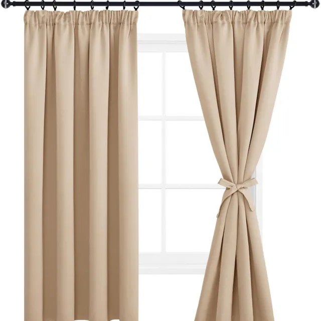 Famanu Beige verduisteringsgordijnen met plooiband en riemen, thermische gordijnpanelen, 117 x 137 cm, set van 2 stuks voor woonkamer en slaapkamer, biedt maximale privacy en geluidsreductie