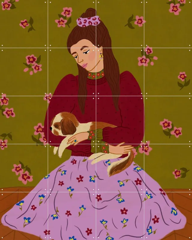 IXXI Huisdiergeluk, Kirsten Blom Art & Illustration - 80 x 100 cm - Grote wanddecoratie en posters - Fantasierijk, Illustraties, Kleurrijk, Speels Roze