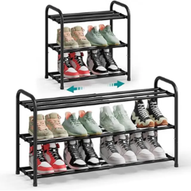 J.T.R Uitschuifbaar schoenenrek 3 lagen metaal inktzwart verstelbare breedte 44,5-82,4 cm 25x44,5-82,4x47,7 cm.
