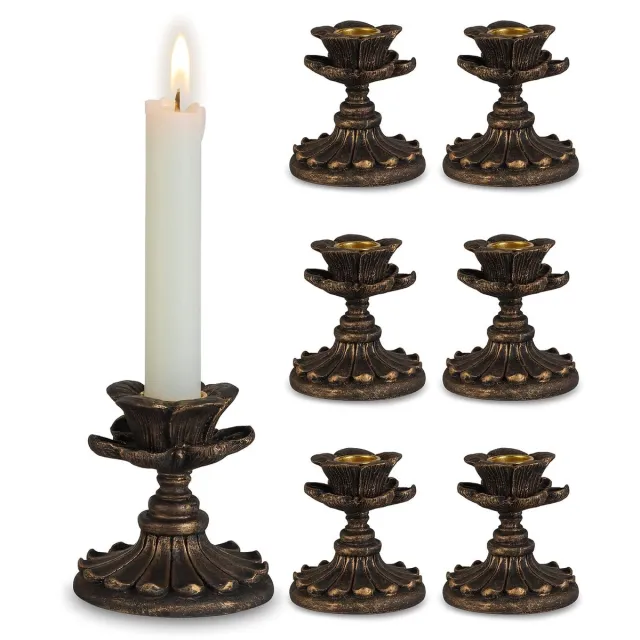 Unyqoos Set van zes antieke kandelaars met bloemdesign voor sfeervolle decoratie, antiek zwart brons,8*8cm, 6 stuks