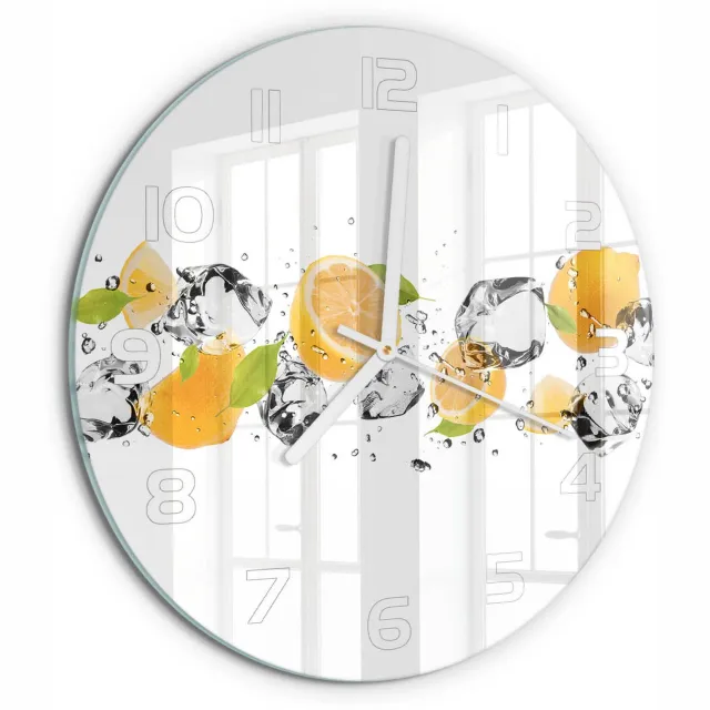 TULUP Wandklok - Citroen en water Klok Glas Met Opdruk - fi30 cm - Geel Moderne Wandklok Glas - Witte handen - Ronde Klok - Decoratieve Glazen Klok - Glazen Wandklok Design