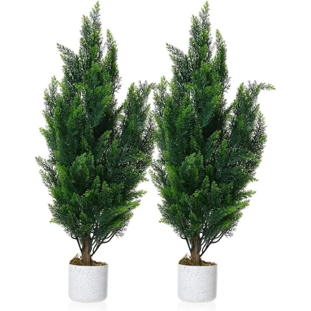 HOERFURIY Kunst cypres topiary set van 2 stuks 90cm - PE weerbestendig groen inclusief verzwaarde pot - kant en klaar voor terras entree balkon woonkamer kantoor decoratie groente