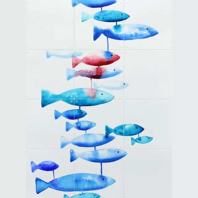 IXXI Connected, Natalie Bruns - 60 x 80 cm - Grote wanddecoratie en posters - Abstract, Illustraties, Aquarel, Speels, Woonkamer, Vissen, Zeeleven Blauw / Koele tinten