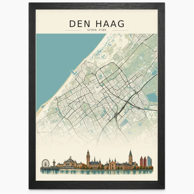 Joshimo Den Haag Stadskaart Poster | Vintage Kaart met Skyline | Inclusief Zwarte A4 Lijst