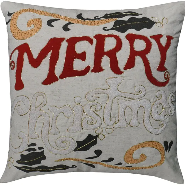 Urbane Hide Kerstkussen - Kerst Kussenhoes Borduurwerk & Kralenwerk met Merry Christmas Tekst en Hulst - Vierkante Kussenhoesjes - Kerstkussens Elegant Design - 45x45 cm - Katoen/Linnen - Rood/Wit - Zonder Binnenkussen Type N